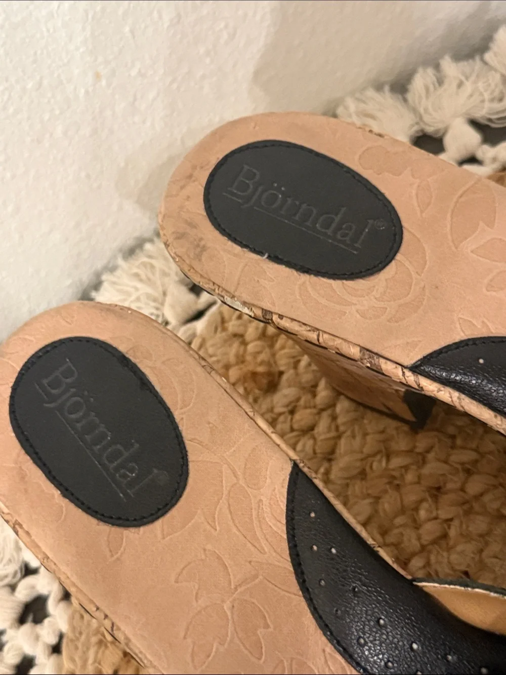 Bjorndal Black Leather Floral Cork Wedge Slide Sandals Womens Size 11 Boho Chic